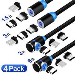 Magnetic Phone Charger Cable， 3 in 1 Magnetic Charging Cable, Compatible with Mirco USB, Type C Smartphone and iProduct Device (4Pack，1.6 ft /3.3 ft /3.3 ft /6.6 ft) (Black)