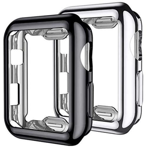 Mastten 2-Pack 38mm Case Compatible for Apple Watch Screen Protector, Full Protective Case TPU HD Ultra-Thin Cover Compatible for iWatch Series 3 2 1, Black, Silver