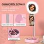 CameCosy Selfie LED Light with Tripod Stand +Foldable Beauty Mirror+Cell Phone Holder, Adjustable Brightness Fill Light for Makeup/Camera Video/YouTube, Compatible with iPhone/Android.-Pink