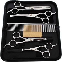 iSeaFly Dog Grooming Kit, Safety Round Tip, Heavy Duty Stainless Steel, 5 in 1 Cat Dog Grooming Scissors Set, Best Pet Grooming Shears for Full Body