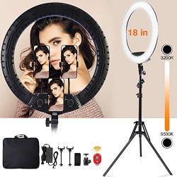 Ring Light Kit 18 with Tripod Stand/Three Phone Holders/Bluetooth Remote Control, Adjustable Color Selfie Ringlight for YouTube Video Recording/Makeup/TikTok, Compatible with iPhone/Android