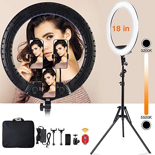 Ring Light Kit 18 with Tripod Stand/Three Phone Holders/Bluetooth Remote Control, Adjustable Color Selfie Ringlight for YouTube Video Recording/Makeup/TikTok, Compatible with iPhone/Android