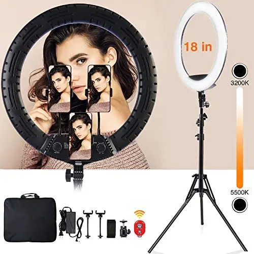 Ring Light Kit 18 with Tripod Stand/Three Phone Holders/Bluetooth Remote Control, Adjustable Color Selfie Ringlight for YouTube Video Recording/Makeup/TikTok, Compatible with iPhone/Android