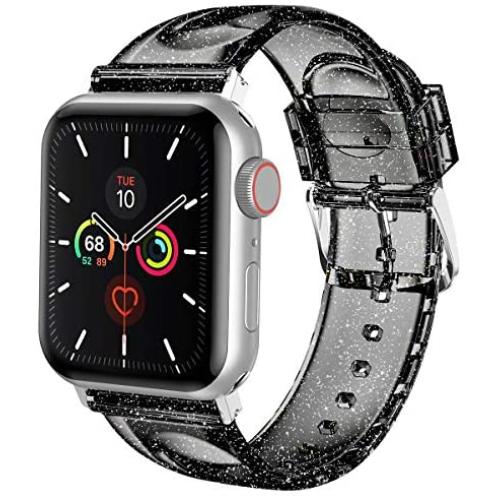 iiteeology Compatible with Apple Watch Band 38mm 40mm, Women Glitter Soft Silicone Sports iWatch Band Strap for Apple Watch Series 5/4/3/2/1 (38mm 40mm black/silver band + silver connector)