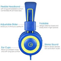 Kids Headphones - noot products K12 Foldable Stereo Tangle-Free 3.5mm Jack Wired Cord On-Ear Headset for Children/Teens/Boys/Girls/Smartphones/School/Kindle/Airplane Travel/Plane/Tablet (Blue/Lime)