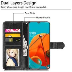 Axiay LG K51 Case LG Reflect Phone Wallet Case and 2 Protector Screen Leather Flip Protective Cover Cap Case with Wrist Strap Card Slots,Dual Layers Protective Phone Cover,Black