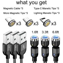 A.S Gen2 Magnetic Charging Cable, 540° Rotation Magnetic Phone USB Cable, 3A Fast Charging Data Transfer Charger Cable Compatible with USB C, Micro USB and iProduct (Black, 1.6ft+3.3ft+6.6ft)