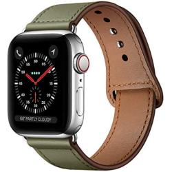 KYISGOS Compatible with iWatch Band 40mm 38mm, Genuine Leather Replacement Band Strap Compatible with Apple Watch Series 5 4 3 2 1 38mm 40mm, Army Green Band with Silver Adapter