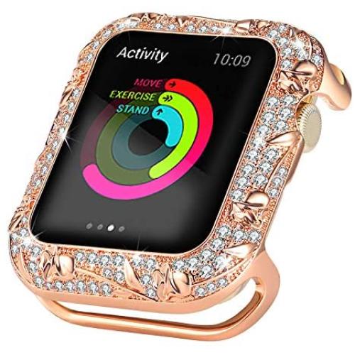 Ritastar for Apple Watch Case 40mm Studded with Bling Rhinestone Sparkling Crystal Stainless Steel Protective Cover Bumper Protector Embossed with Metal Rose Flower for iWatch Series 5 4,Rose Gold