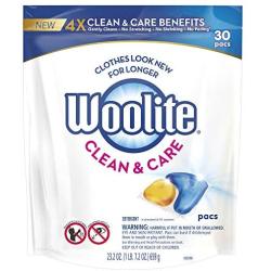 Woolite Clean & Care Pacs, Laundry Detergent Pacs, 30 Count, for Standard and HE Washers, Travel Laundry Packets