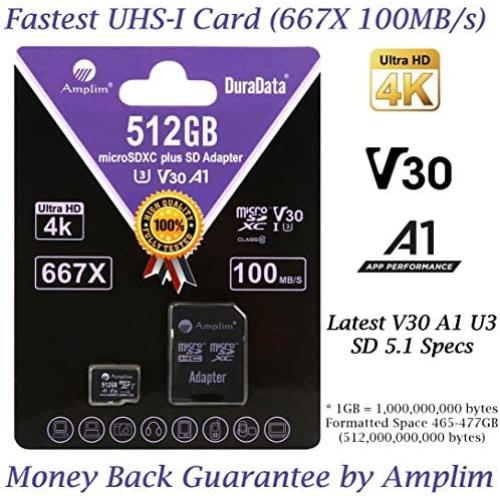 512GB 100MB/s Pro Micro SD Card Plus SD Adapter Pack. Amplim 512 GB MicroSDXC Memory Card (Class 10 U3 A1 V30 UHS-I UHS-1 TF SDXC Card) MicroSD Card for Cell Phone, Galaxy, Fire, GoPro, DJI, Camera 512GB 100MB/s Pro Micro SD Card Plus SD Adapter Pack. Amplim 512 GB MicroSDXC Memory Card (Class 10 U3 A1 V30 UHS-I UHS-1 TF SDXC Card) MicroSD Card for Cell Phone, Galaxy, Fire, GoPro, DJI, Camera