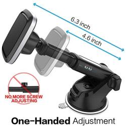 Suction Cup Magnetic Phone Car Mount with Quick Extendable Telescopic Arm, Industrial-Strength Suction Cup, 6 Strong Magnets, 3 Metal Plates, Dashboard Windshield Holder for All iPhone Cell Phone