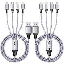 4in1 Multi USB Charging Cable 3A,Multi Charger Cable 3.3ft 4in1 USB Charging Cable Nylon Braided Multiple USB Fast Charging Cord Type-C USB Port Connectors for Cell Phones and More (2Pack Silver)