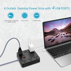 Power Strip, AHRISE Extension Cord with 6 AC Outlets and 4 USB Charging Ports(5V/4.8A,24W) for Smartphone Tablets Home, Office, Hotel, Cruise Ship, 5 Feet Long Cord, ETL Listed -Black