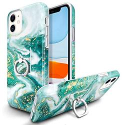 RXKEJI iPhone 11 Case Marble Bling Sparkle Glitter with Cell Phone Ring Holder Stand Finger Kickstand Phone Grip Heavy Drop Protection Shock Absorption Cover Case for iPhone 11 6.1 inch Green