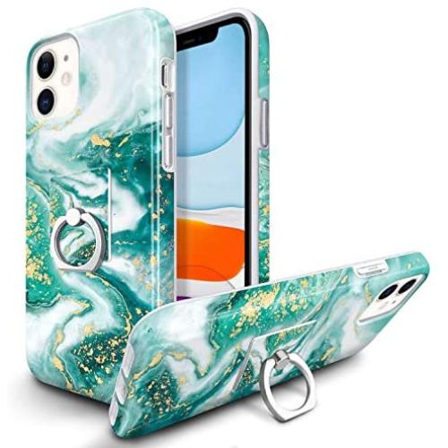 RXKEJI iPhone 11 Case Marble Bling Sparkle Glitter with Cell Phone Ring Holder Stand Finger Kickstand Phone Grip Heavy Drop Protection Shock Absorption Cover Case for iPhone 11 6.1 inch Green