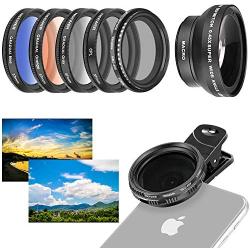 Neewer 37mm Cell Phone Lens Accessory Kit, Includes 0.45X Wide Angle Lens,Lens Clip,Graduated Color Filters (Blue Orange Grey), CPL Filter, ND Filter for iPhone, Samsung, Huawei, etc