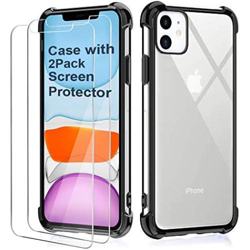BELONGME Compatible with iPhone 11 Case 2019,Tempered Glass Screen Protector [2Pack] with Shockproof Crystal Clear Case for iPhone 11 6.1 inch.