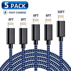 iPhone Charger, MFi Certified Lightning Cable 5Pack Durable Fast Charger KRISLOG Nylon Braided USB Fast Charging&Syncs Cord Compatible iPhone 11 Pro Xs MAX XR 8 8 Plus 7 7 Plus 6s 6s Plus SE