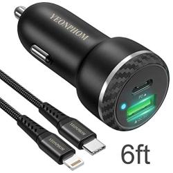 YEONPHOM Fast USB C Car Charger Compatible for iPhone 11 Pro Max/11 Pro/11/XS MAX/XS/XR/X/8 Plus/8/SE/iPad Mini/Air,36W Dual Port QC3.0 Type C PD Car Charger Adapter with 6ft USB C to Lightning Cable