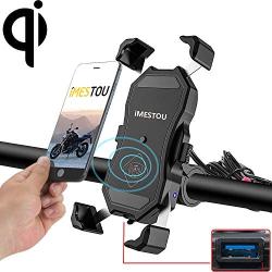 Waterproof Motorcycle Phone Holder Wireless Charger and USB 3.0 Quick Charge Phone Mount 2 in 1 360 Rotation Fit 22-32mm Handlebar or Rear-View Mirror 12-24V Vehicles