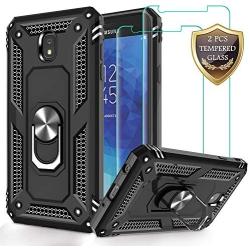 Jshru Galaxy J7 2018/J7 Aero/J7 Top/J7 Crown/J7 Aura/J7 Refine/J7 Eon Case with Tempered Glass Screen Protector [2Pack], Military Grade Ring Car Mount Kickstand Phone Case for Samsung J7 Star Black