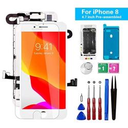 for iPhone 8 Screen Replacement Full Assembly [White] 4.7", Mobkitfp Pre-Assembled LCD Display Digitizer with Front Camera,Proximity Sensor,Ear Speaker for A1863, A1905,A1906, w/Repair Kit