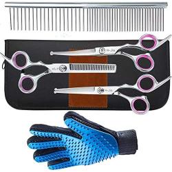 H-Jia Dog Grooming Scissors Set, Safety Round Blunt Tip Pet Grooming Kit-Straight, Curved, Thinning Shears with Comb Grooming Glove, Sharp Durable Grooming Tools for Large Small Dogs and Cats