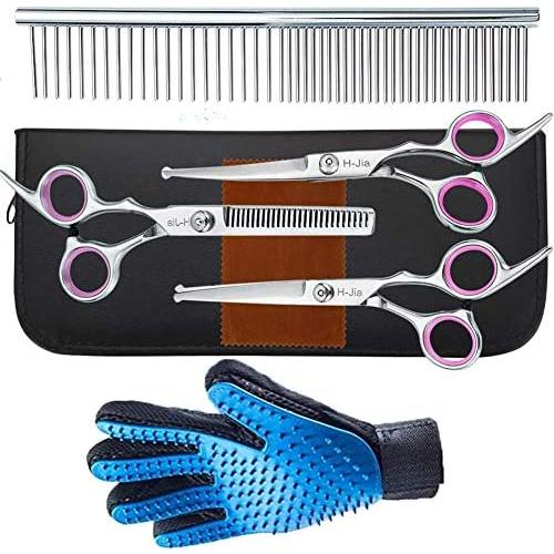 H-Jia Dog Grooming Scissors Set, Safety Round Blunt Tip Pet Grooming Kit-Straight, Curved, Thinning Shears with Comb Grooming Glove, Sharp Durable Grooming Tools for Large Small Dogs and Cats
