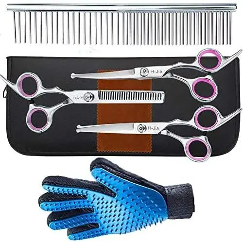 H-Jia Dog Grooming Scissors Set, Safety Round Blunt Tip Pet Grooming Kit-Straight, Curved, Thinning Shears with Comb Grooming Glove, Sharp Durable Grooming Tools for Large Small Dogs and Cats H-Jia Dog Grooming Scissors Set, Safety Round Blunt Tip Pet Grooming Kit-Straight, Curved, Thinning Shears with Comb Grooming Glove, Sharp Durable Grooming Tools for Large Small Dogs and Cats