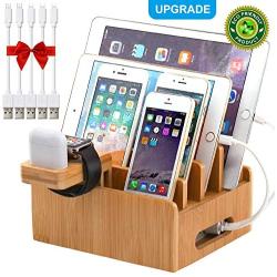 Pezin & Hulin Bamboo Charging Stations for Multiple Devices, Upgrade Desk Docking Station Organizer for Cell Phones, Tablet, AirPods, iWatch Stand (Includes 5 Cables BUT NO Power Supply Charger)