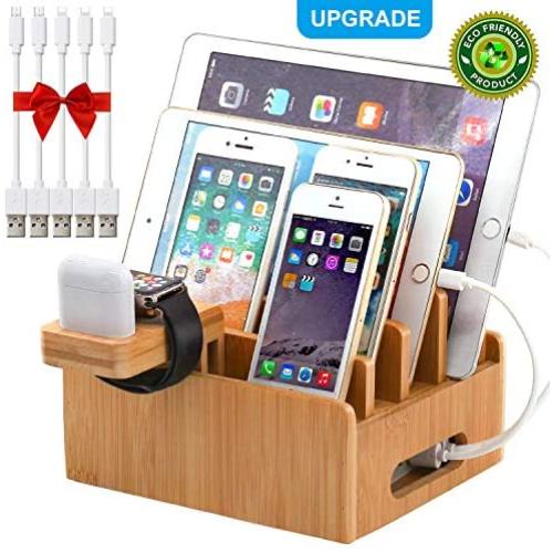 Pezin & Hulin Bamboo Charging Stations for Multiple Devices, Upgrade Desk Docking Station Organizer for Cell Phones, Tablet, AirPods, iWatch Stand (Includes 5 Cables BUT NO Power Supply Charger)