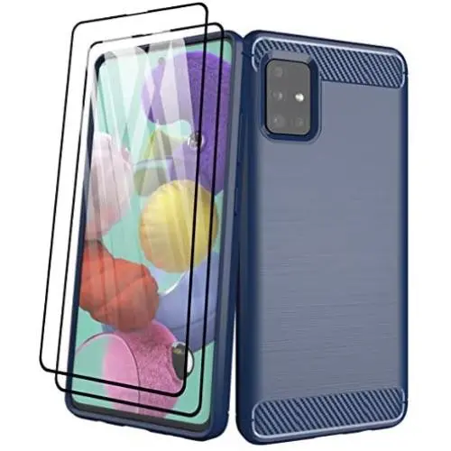 Aliruke Case for Samsung Galaxy A51 Case with Tempered Glass Screen Protector[2 Pack], Slim Shockproof TPU Bumper Cover Flexible Lightweight Protective Phone Case for Samsung Galaxy A51 A515, Blue