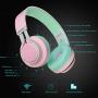 Riwbox WT-7S Bluetooth Headphones Light Up, Foldable Stero Wireless Headset with Microphone and Volume Control for PC/Cell Phones/TV/iPad (Pink Green)