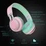Riwbox WT-7S Bluetooth Headphones Light Up, Foldable Stero Wireless Headset with Microphone and Volume Control for PC/Cell Phones/TV/iPad (Pink Green)