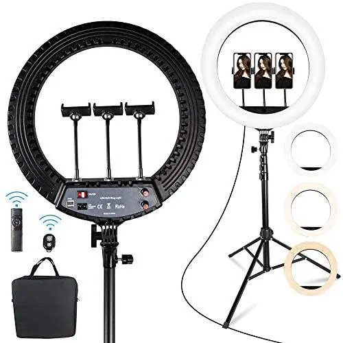 18-inch Ring Light with Stand,3000-6000K 65W LED Camera Light for Video Vlog,Including Wireless Remote, 3 Phone Holder & 2 USB Charged Port