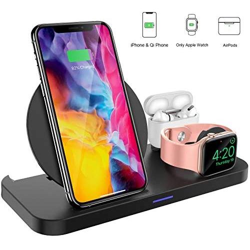 KKM Wireless Charger, 3 in1 Fast Wireless Charging Station, 10W Qi-Certified Charger Stand for iPhone SE 2020, Apple Watch, AirPods/Pro, Samsung Galaxy Note 20/Note 20 Ultra, LG, Google Pixel, OnePlus