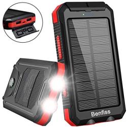 Solar Charger, Benfiss 20000mAh Lit Solar Power Bank with 2 Led Light and Dual 5V USB Output, Waterproof Portable External Backup Battery for Camping，Outdoors