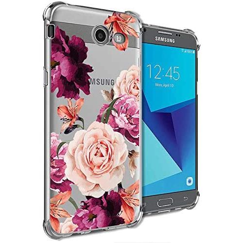 Girly Case for Samsung Galaxy J7 Perx, J7 Prime, J7 Sky Pro, J7 V, Galaxy J7 2017 Clear with Cute Pink Flowers Design Shockproof Bumper Protective Cell Phone Cases for Girls N Women Soft Floral Cover