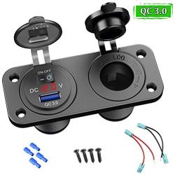 QC 3.0 Cigarette Lighter Outlet Splitter, 12V USB Charger Waterproof Power Socket Adapter DIY Kit with Voltmeter LED Display Dual USB Ports for Rocker Switch Panel on Car Boat Marine RV, etc