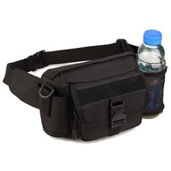 WOTOW Multi Functional Waist Pack, Military Single Shoulder Hip Belt Bag Fanny Packs Water Resistant Waist Bag Pouch Hiking Climbing Outdoor Bumbag with Water Bottle Pocket Holder (Black)