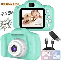 Kids Camera, 8.0 MP FHD Digital Video Recorder Shockproof Action Cameras with 2 Inch IPS Screen and 32GB SD Card for Girls Boys Gifts Green