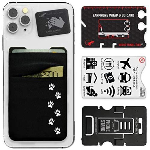 Double Pocket - Adhesive Card Holder - Cell Phone Pouch - Stick on Lycra Pocket - Carry Credit Cards and Cash (Black - CAT PAW)
