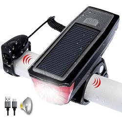 USB Rechargeable Bike Front Light, Solar Powered, and Bell Horn, All in one design, 350 Lumens Bicycle Headlight LED. Waterproof, USB Output Charge your Mobile, Road Cycling Safety Commuter Flashlight