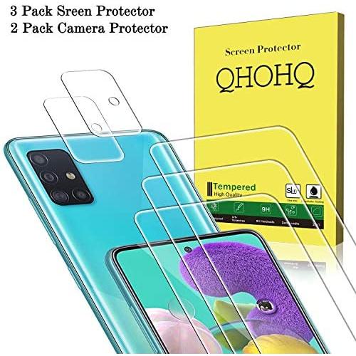 QHOHQ 3 Pack Screen Protector for Samsung Galaxy A51/Galaxy A51 5G with 2 Pack Camera Lens Protector,Tempered Glass Film, [9H Hardness] - HD - [2.5D Edge] - [Anti-Fingerprint] - [Anti-Scratch]
