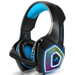 PS4 Headset,Xbox One Headphones,Gaming Headset with LED Light,Stereo Gamer Headphones,3.5mm Wired Over-Ear Noise Isolating Microphone Volume Control for Mac （Black-Blue）