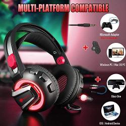 Gaming Headset with Microphone, 7.1 Stereo Surround Sound Wired Over Ear Headphone for Xbox One, PS4, PC, Laptop, Nintendo Switch and other 3.5mm devices, LED Light, Noise Isolation, Steel Frame - Red