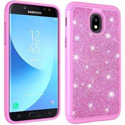 Galaxy J3 Achieve Case,Galaxy J3 2018/J3 Star/Express Prime3/Amp Prime3 Glitter Case,Luxury Glitter Sparkle Bling Case,Hybrid PC Silicone Faux Leather Cover,Dual Layer Armor Phone Case Pink