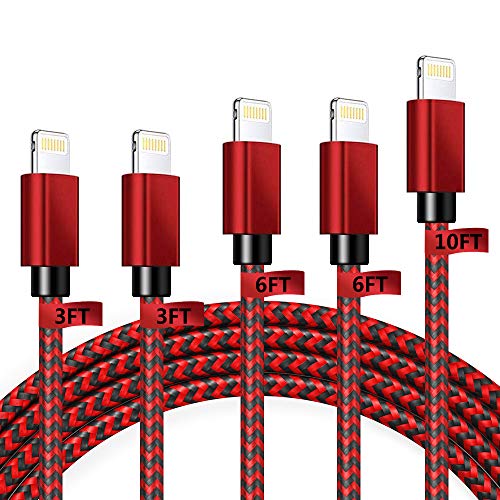 iPhone Charger Cable Lightning Cables MFi Certified 5Pack [3/3/6/6/10FT] Extra Long Nylon Braided USB Fast Charging Syncing Cord Compatible with iPhone 11 Pro Max XS XR X 8 7 6S 6 Plus SE 5S 5C 5 iPad