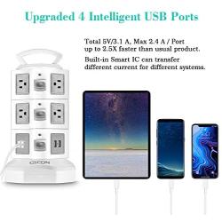 Surge Protector Power Strip, Tower Multi Plug Outlet with Long Extension Cord, Electric Charging Station 3000W 13A 16AWG 10 Outlet 4 USB Slot, 6.5 ft Wire for PC Laptops Mobile Office Home